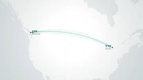 Toronto to vancouver flight route map animation Video stock 339423486