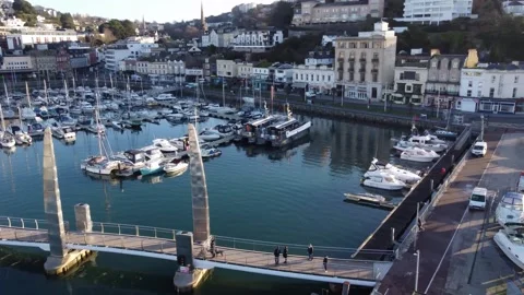 Torquay, Devon, England: Drone Aerial: Boats in the marina on a sunny morning Stock Footage 168036261