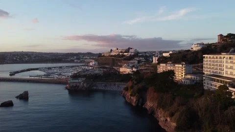 Torquay, Devon, England: Drone Aerial View: Town buildings and the marina Stock Footage 168838720
