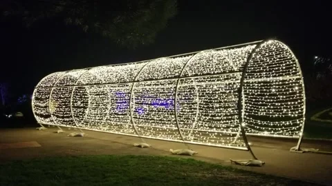 Torquay, Devon: Illuminated Christmas lights tunnel in Torre Abbey gardens Stock Footage 223511173