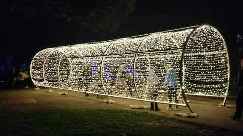 Torquay, Devon: Illuminated Christmas lights tunnel in Torre Abbey gardens Stock Footage 223511291
