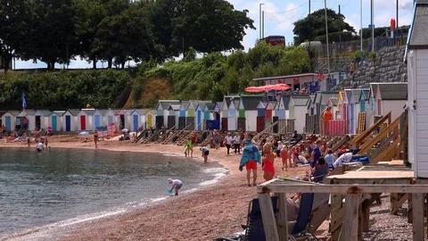 Torquay seaside resort Devon south people on beach England UK 4K 스톡 동영상 114663650