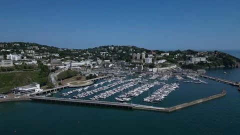 Torquay, South Devon, England: DRONE VIEWS: The Marina &amp; Town seen from the West Stock Footage 243684986