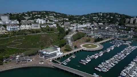 Torquay, South Devon, England: DRONE VIEWS: The Marina &amp; Town seen from the West Stock Footage 243686141