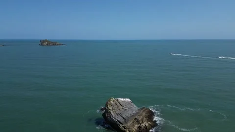 Torquay, Torbay, S Devon, England: DRONE VIEWS: Shag Rock, Thatcher Rock &amp; Boats Stock Footage 243361406