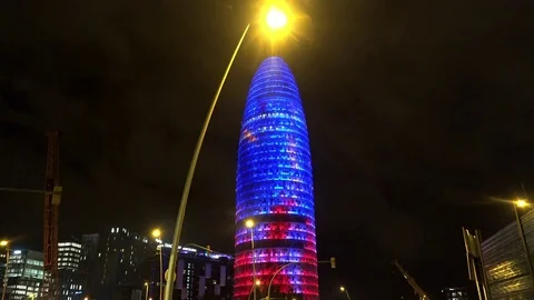 Torre Agbar in Barcelona. Spain. Night. 4K. Stock Footage
