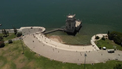 Torre de Belem and Tagus river in Lisbon from drone view Video stock 106664246