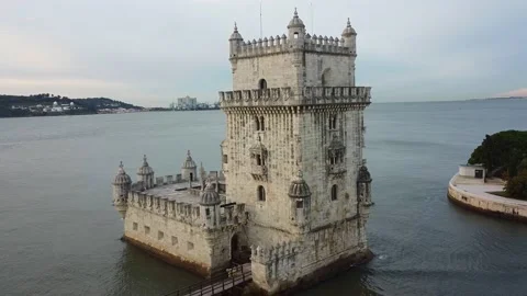 TORRE de BELEM. LISBON BEACH. DRONE FOOTAGE Stock Footage 218748899