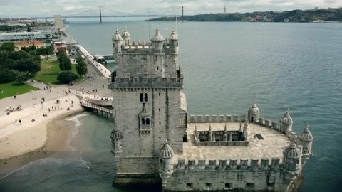 Torre de Belem tower famous landmark Tejo River Ponte 25 de Abril Bridge No. 1 Video stock 167275279