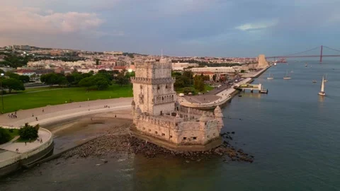 Torre de Belm (Belm tower) in Lissabon portugal golden sunset 4k aerial video Stock Footage 228132530
