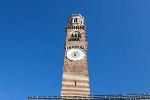 Torre dei Lamberti, the clock tower in Piazza delle Erbe. Verona, Italy Stock Photos
