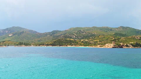 Torre del Budello tower, Teulada marina boats, Sardinia Italy Mediterranean sea Stock Footage 287890789