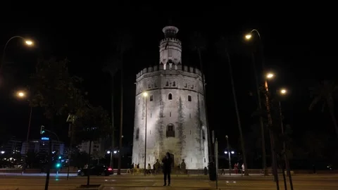 Torre del Oro tower at night in Seville Spain Stock Footage 296709142