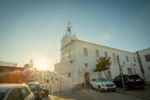 The Torre do Relogio Clock Tower in the historical old town area of Albufeira Fotos Stock