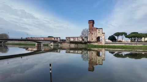 Torre Guelfa - Historic Tower Reflection on River. Stock Footage 329960080