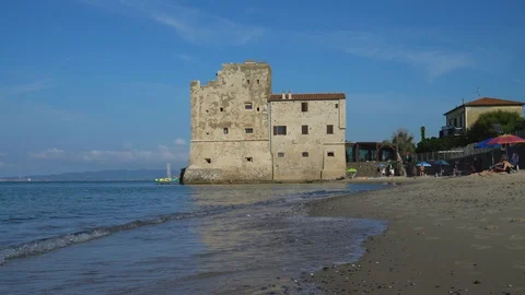 Torre Mozza, Italy - 17 June 2018. View on the sea, beach and ancient fortress Video stock 93714811