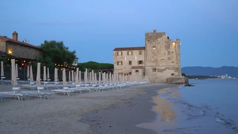 Torre Mozza, Tuscany, Italy. View on the sea, beach and fortress Stock Footage 93607673