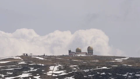 Torre tower highest point of Serra da Estrela in Portugal with snow Stock Footage 125394039