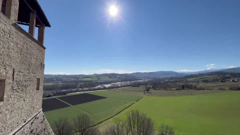 Torrechiara castle panoramic view over the Parma plain Stock-Footage 182845697