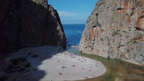 Torrent de Pareis - deepest canyon of Mallorca island, Spain. Aerial shot Stock Footage 121690553