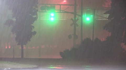 Torrential heavy flooding rain thunder and lightning in severe storm at night. Stock Footage
