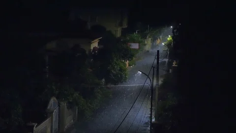 Torrential rain in the street during the night Stock Footage