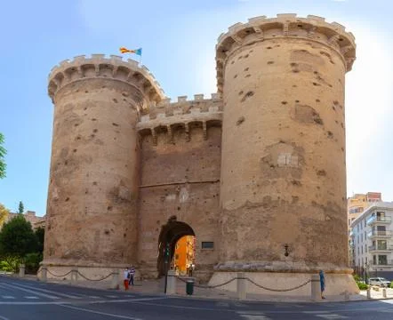 Torres de Quart or Puerta de Quart two fortified gates of the medieval wall of Stock Photos