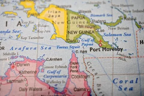 Torres Strait on World Map  Selective Focus with Blurred Ocean Geography Ba.. Stock Photos