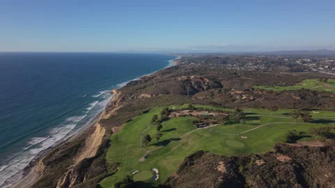 Torrey Pines Golf Course, drone view of fairways and sandstone cliffs. Stock Footage 323196891