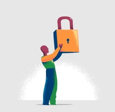 Torso of a manager is locking one virtual lock in a lineup of open padlocks Stock Illustration