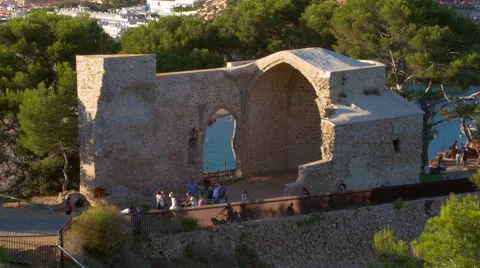 Torso of old church in Tossa de Mar, Spain Stock Footage