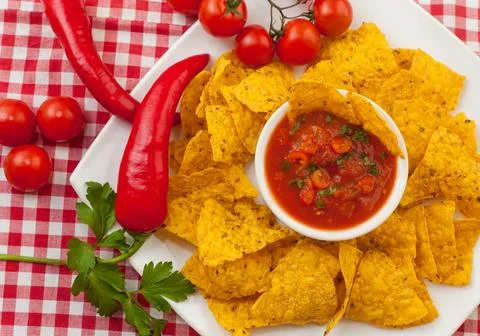 Tortilla chips and salsa Stock Photos
