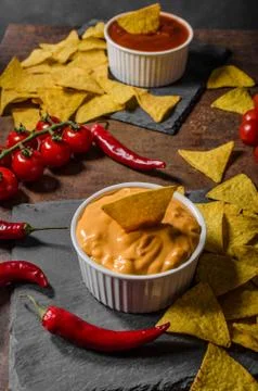 Tortilla chips with two dips Stock Photos