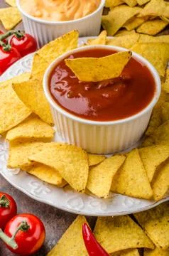Tortilla chips with two dips Stock Photos