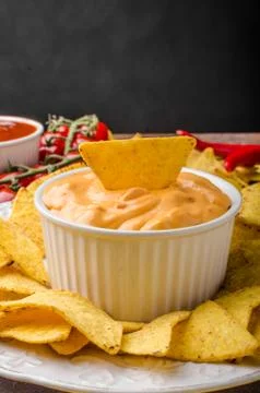 Tortilla chips with two dips Stock Photos
