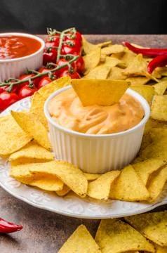 Tortilla chips with two dips Stock Photos