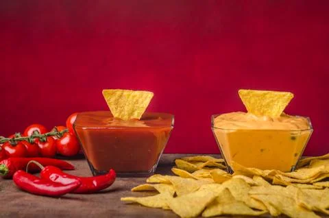 Tortilla chips with two dips Stock Photos