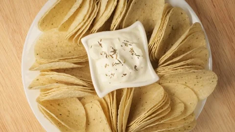 Tortilla corn chips with dip rotating Stock Footage 341822425