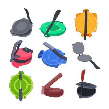 Tortilla press set cartoon vector illustration Stock Illustration