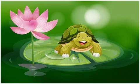 Tortoise floating on lotus leaf in the pond Illustrazione stock