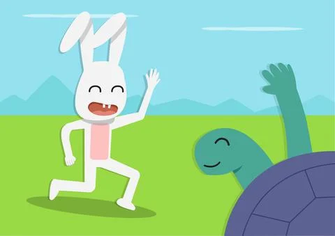 Tortoise meet Rabbit at forest, vector cartoon Stock Illustration