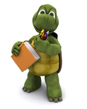 Tortoise with school book and crayons Stock Illustration