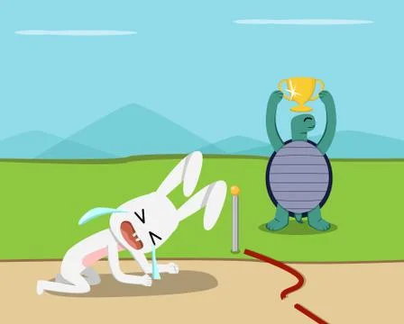 Tortoise win, Rabbit lose at finish line, vector Stock Illustration