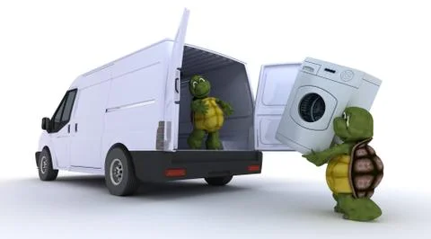 Tortoises loading a washing machine into a van Stock Illustration
