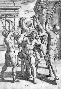 Torture The beating of three saints with their backs tied together ca 1600 Stock Illustration