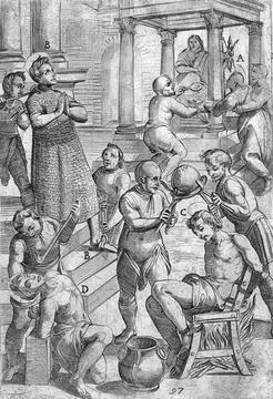 Torture burning and strangulation torturers perform the embarrassing Stock Illustration