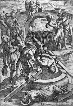 Torture Throw from a bridge and drop into a well Historical digitally restored Stock Illustration