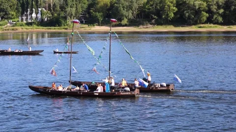 Torun, Poland, 13 August 2026: Traditional boats on the Vistula River Stock-Footage 342192950