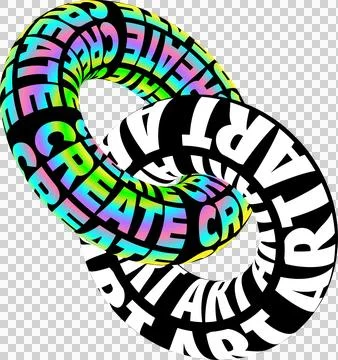 Torus rings are linking in 3D featuring rainbow CREATE and monochrome ART on Stock Illustration