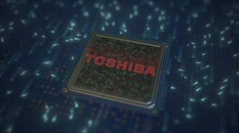 TOSHIBA logo on the chip on computer board. Conceptual editorial 3d rendering 스톡 일러스트
